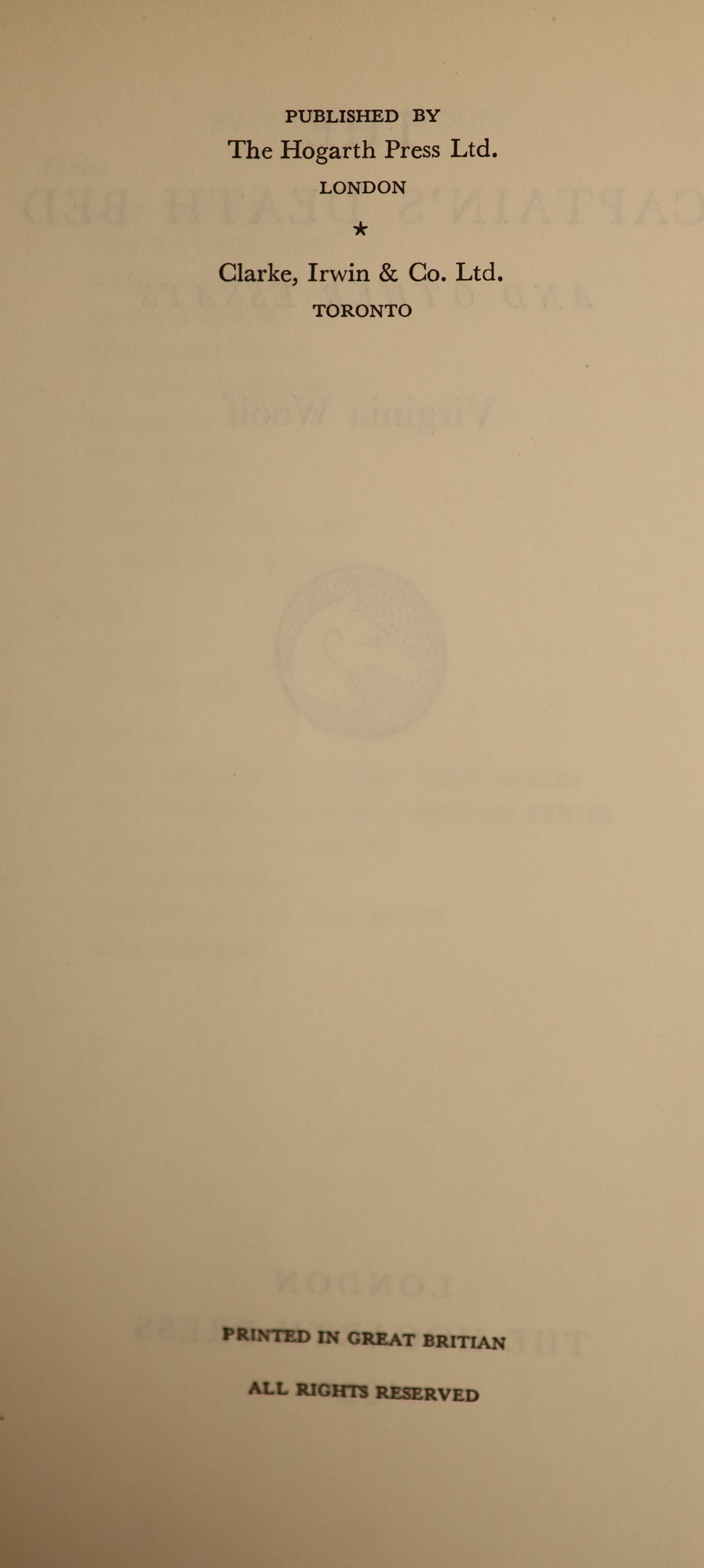 Woolf, Virginia - 3 works - The Captain's Death Bed and other Essays, 1st edition, original cloth in d/j designed by Vanessa Bell, spine darkened Hogarth Press, London, 1950; The Death of a Moth and other Essays, in chip